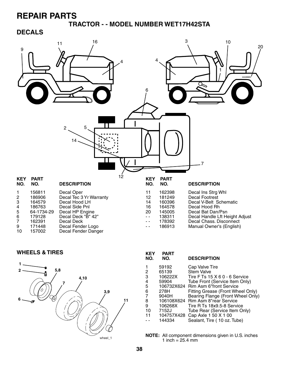 Repair parts, Tractor - - model number wet17h42sta decals | Weed Eater WET17H42STA User Manual | Page 38 / 44
