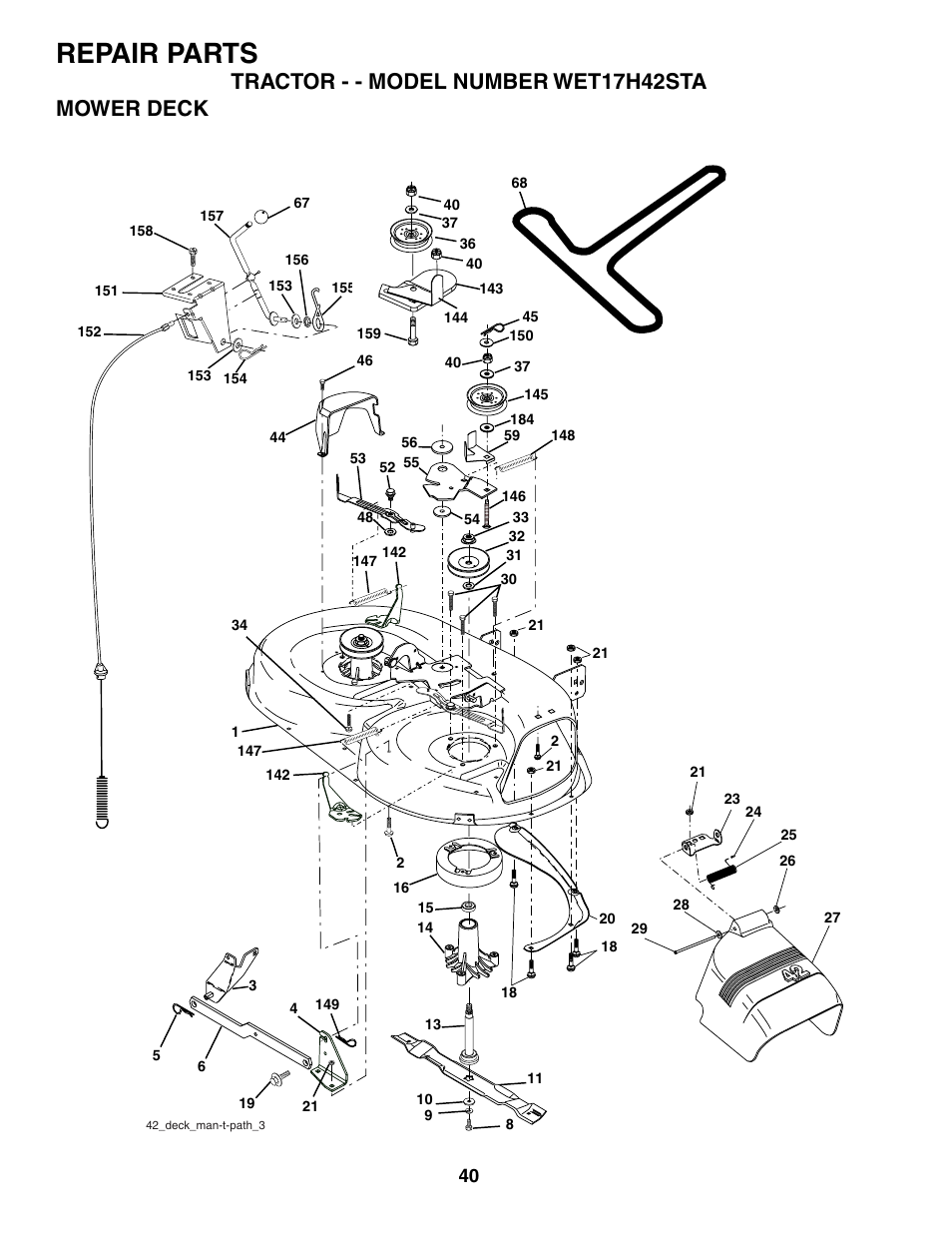 Repair parts, Tractor - - model number wet17h42sta mower deck | Weed Eater WET17H42STA User Manual | Page 40 / 44