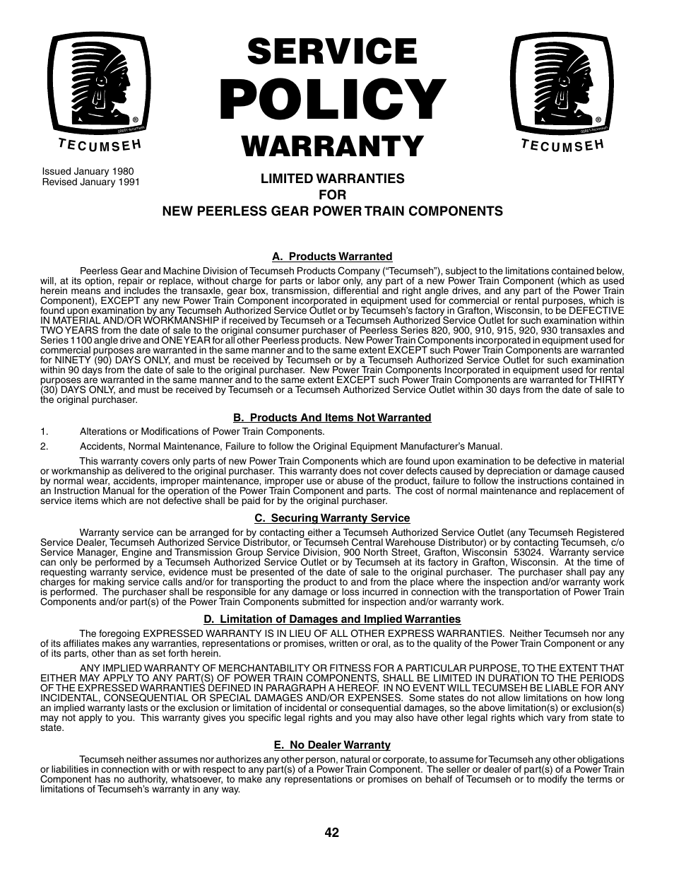Policy, Service, Warranty | Weed Eater WET17H42STA User Manual | Page 42 / 44