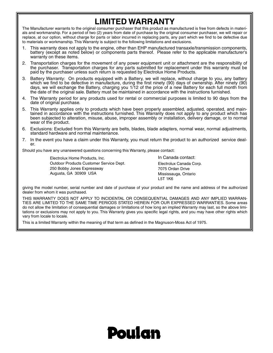 Limited warranty | Weed Eater WET17H42STA User Manual | Page 44 / 44