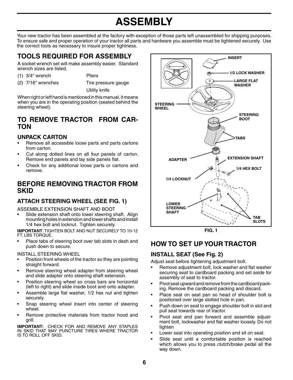 Assembly, How to set up your tractor, Tools required for assembly | Before removing tractor from skid | Weed Eater WET17H42STA User Manual | Page 6 / 44