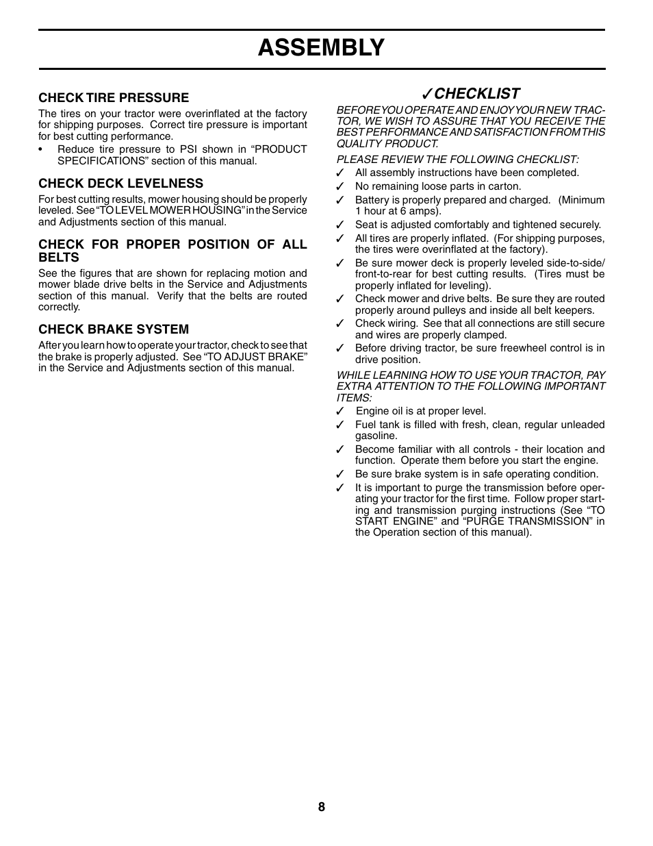 Assembly, Che cklist | Weed Eater WET17H42STA User Manual | Page 8 / 44
