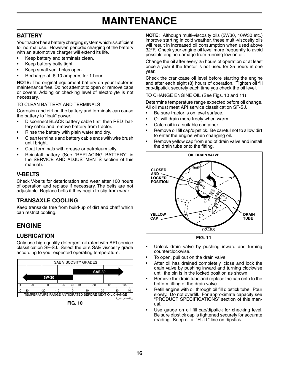 Maintenance, Engine, Lubrication | V-belts, Transaxle cooling, Battery | Weed Eater WE1338A User Manual | Page 16 / 48