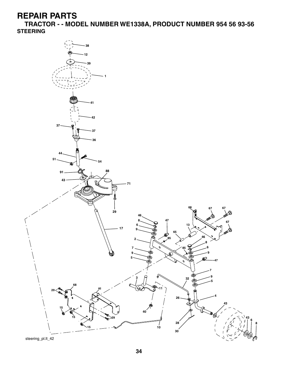 Repair parts, Steering | Weed Eater WE1338A User Manual | Page 34 / 48