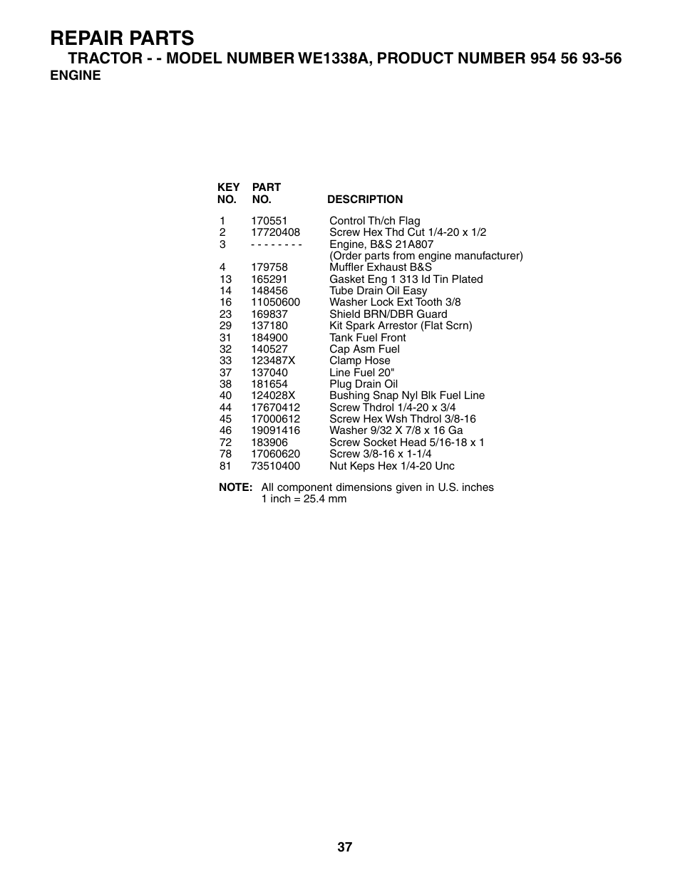 Repair parts | Weed Eater WE1338A User Manual | Page 37 / 48