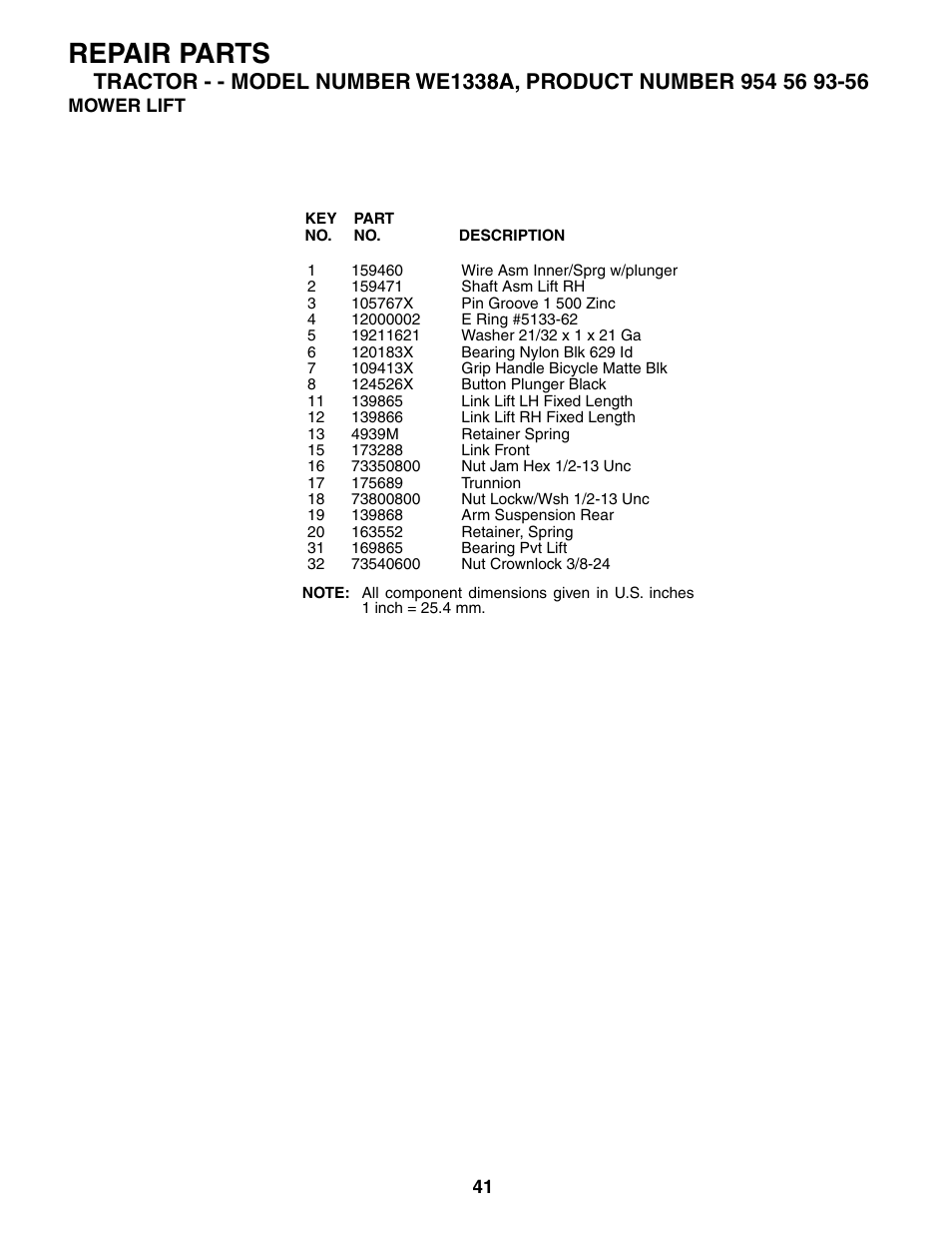 Repair parts | Weed Eater WE1338A User Manual | Page 41 / 48