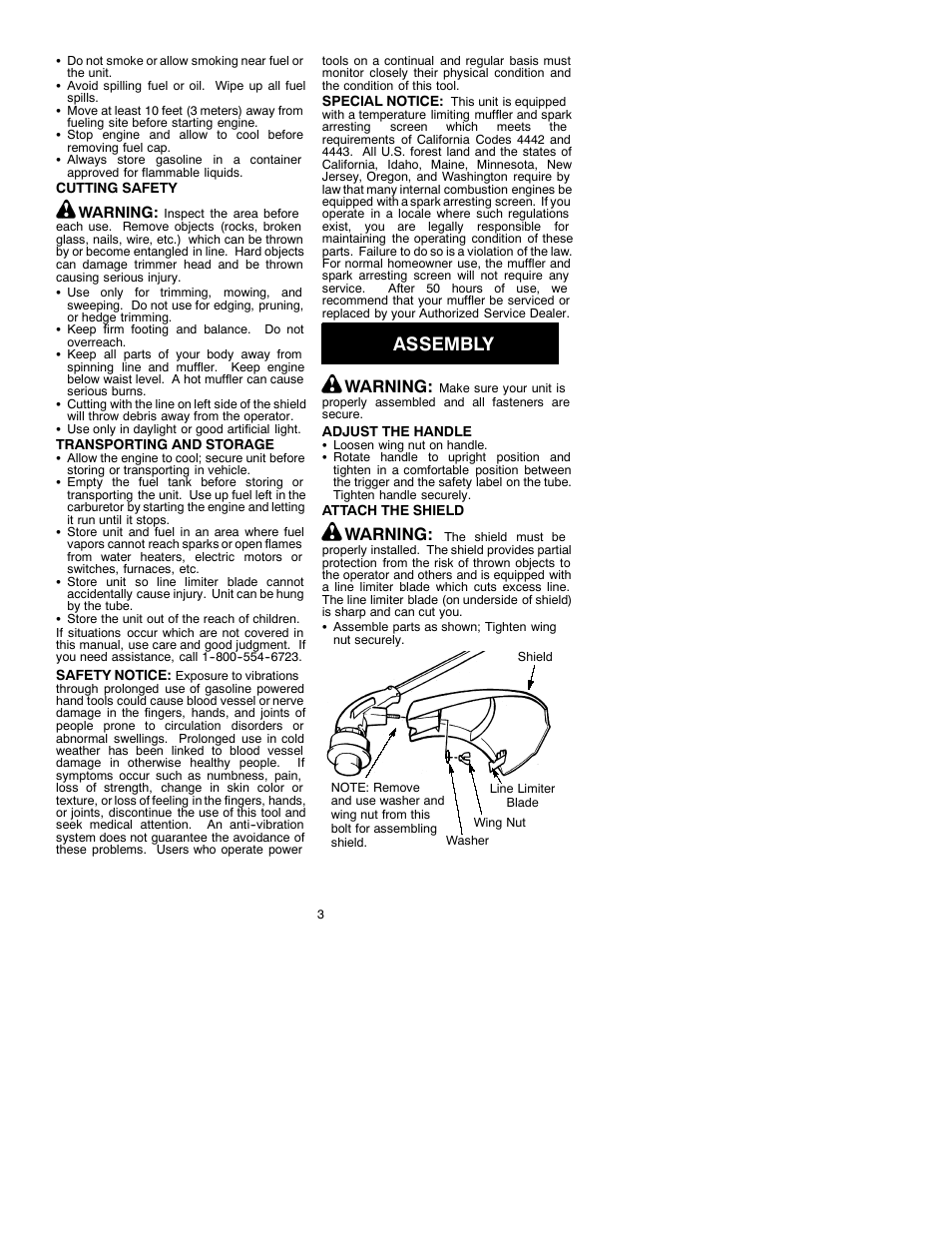 Assembly, Warning | Weed Eater Featherlite 530088826 User Manual | Page 3 / 7