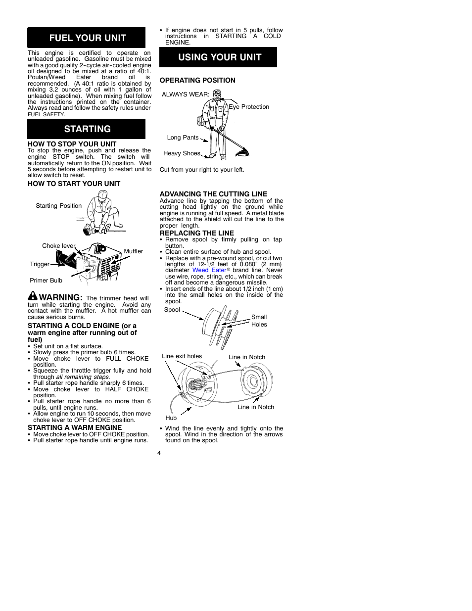 Fuel your unit, Starting, Using your unit | Warning | Weed Eater Featherlite 530088826 User Manual | Page 4 / 7