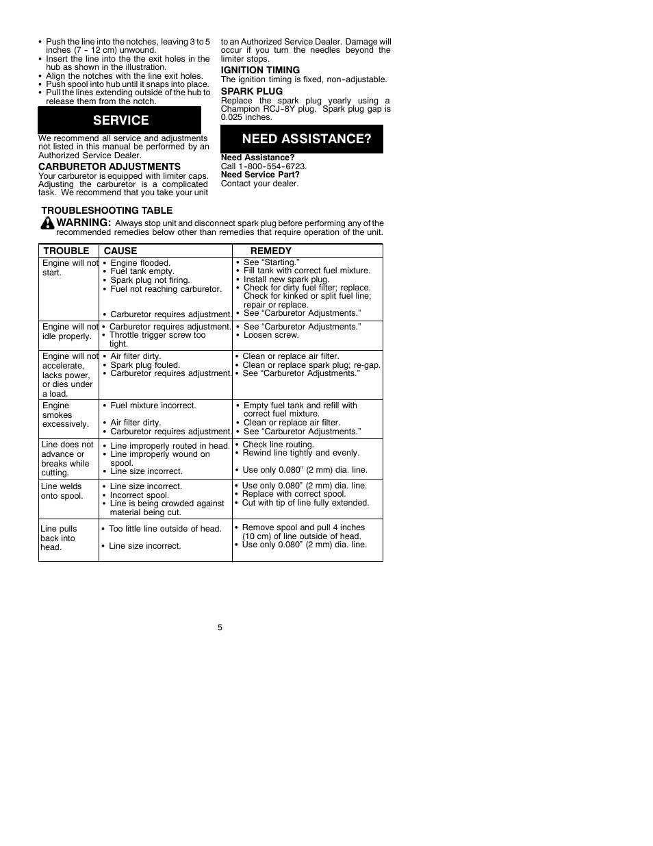 Service, Need assistance | Weed Eater Featherlite 530088826 User Manual | Page 5 / 7