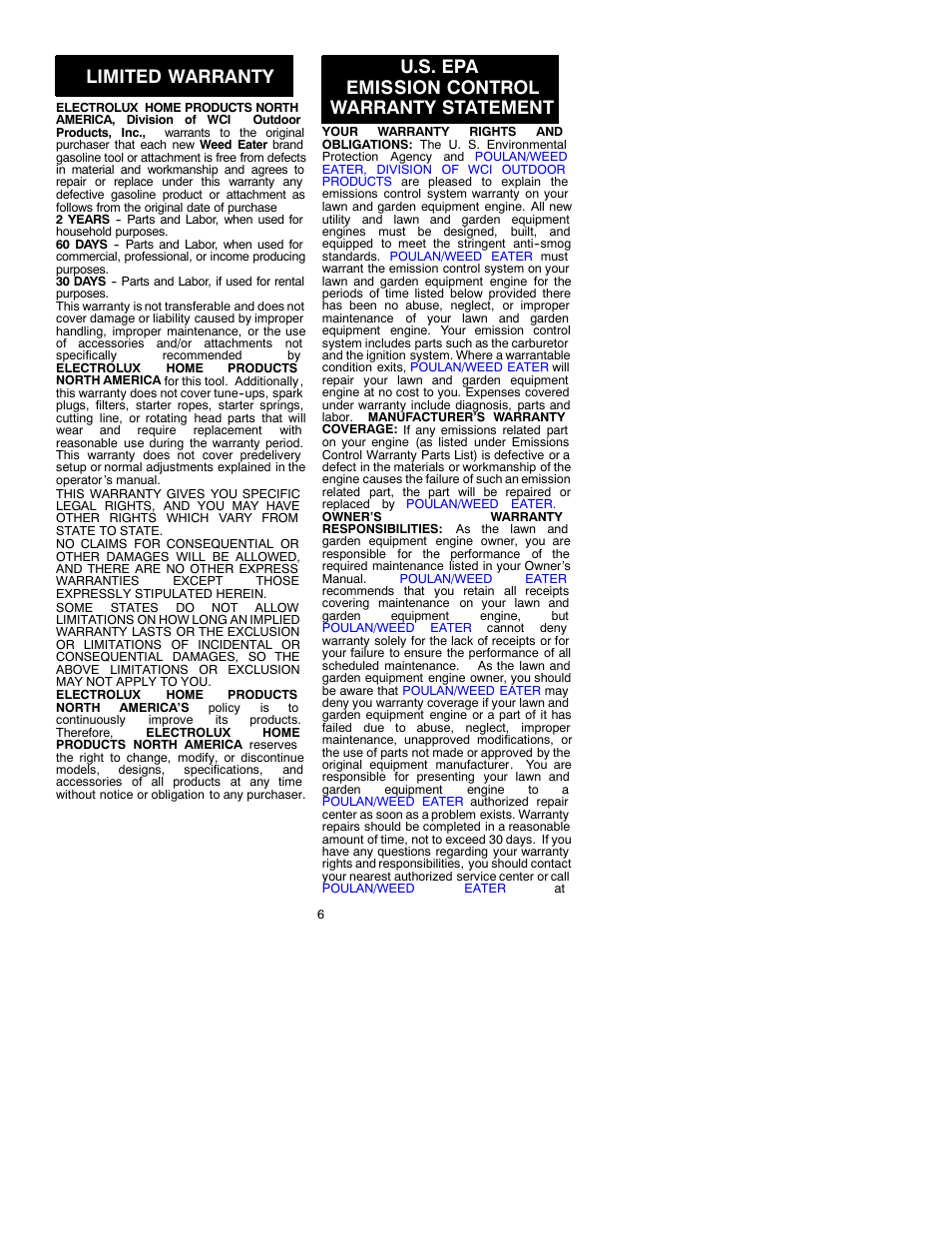 Limited warranty, U.s. epa emission control warranty statement | Weed Eater Featherlite 530088826 User Manual | Page 6 / 7