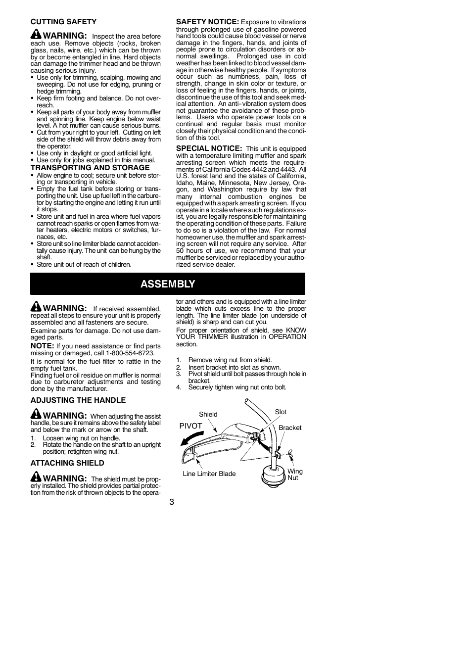 Assembly, Warning | Weed Eater 530163883 User Manual | Page 3 / 12
