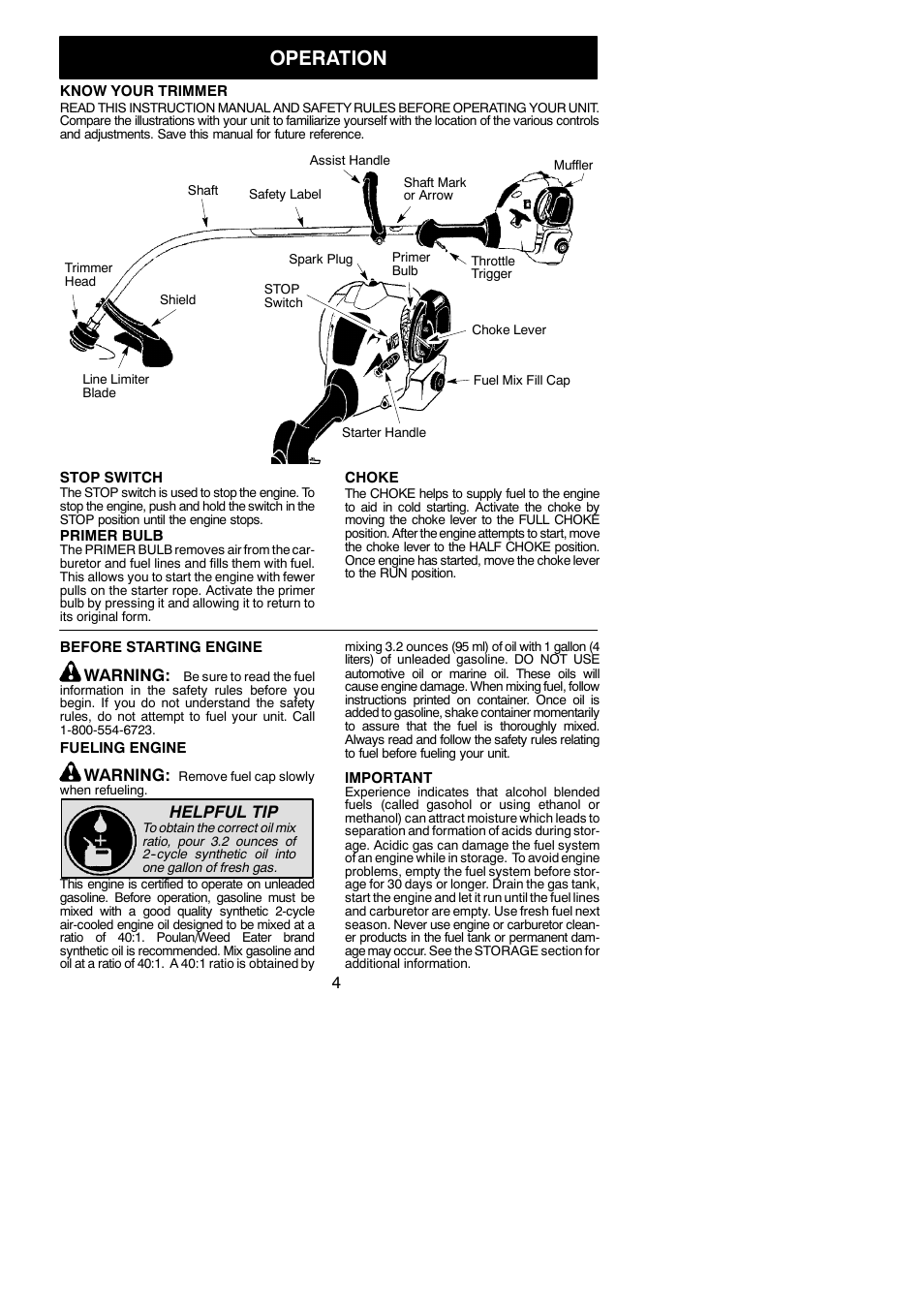 Operation, Warning, Helpful tip | Weed Eater 530163883 User Manual | Page 4 / 12