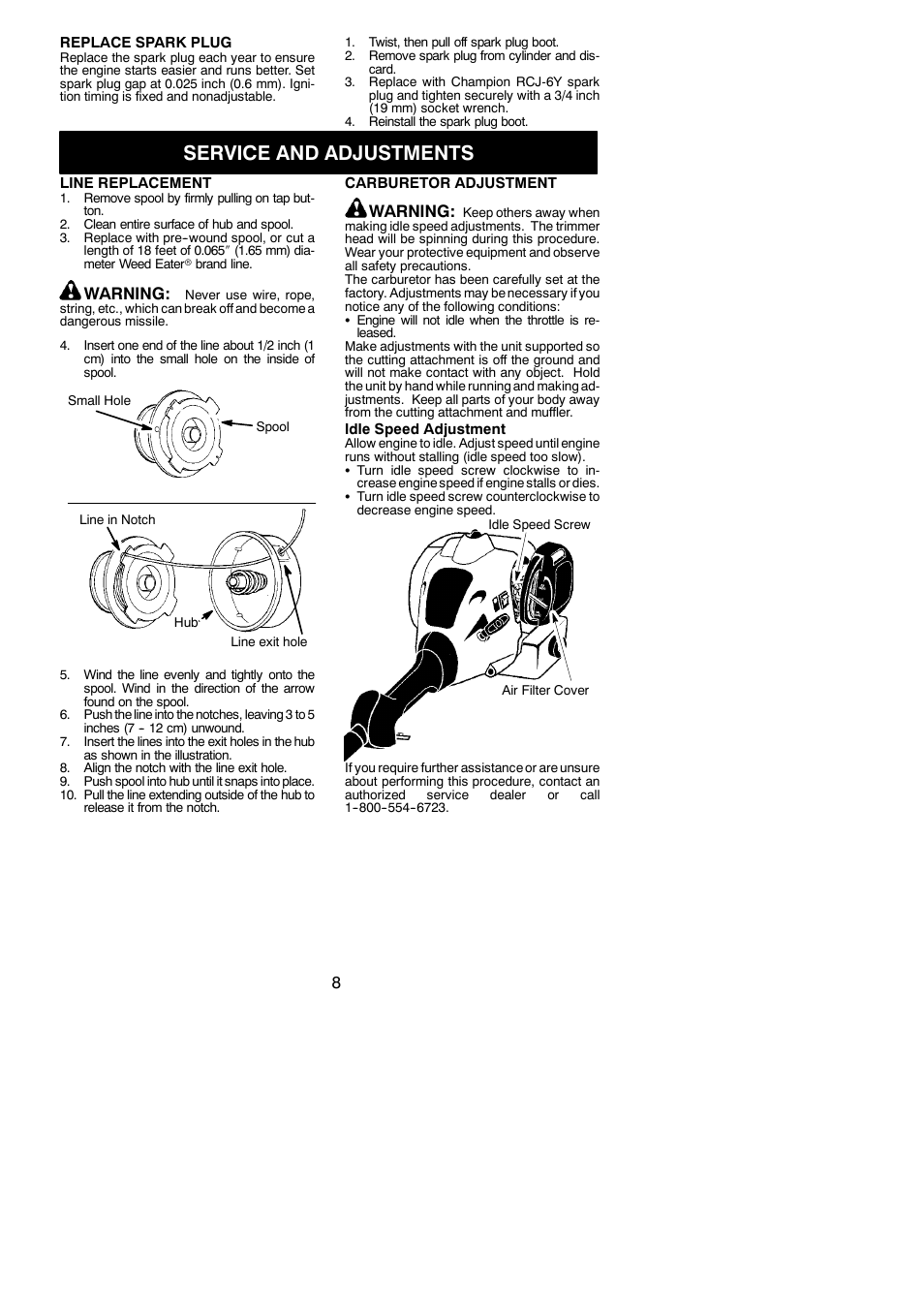 Service and adjustments, Warning | Weed Eater 530163883 User Manual | Page 8 / 12
