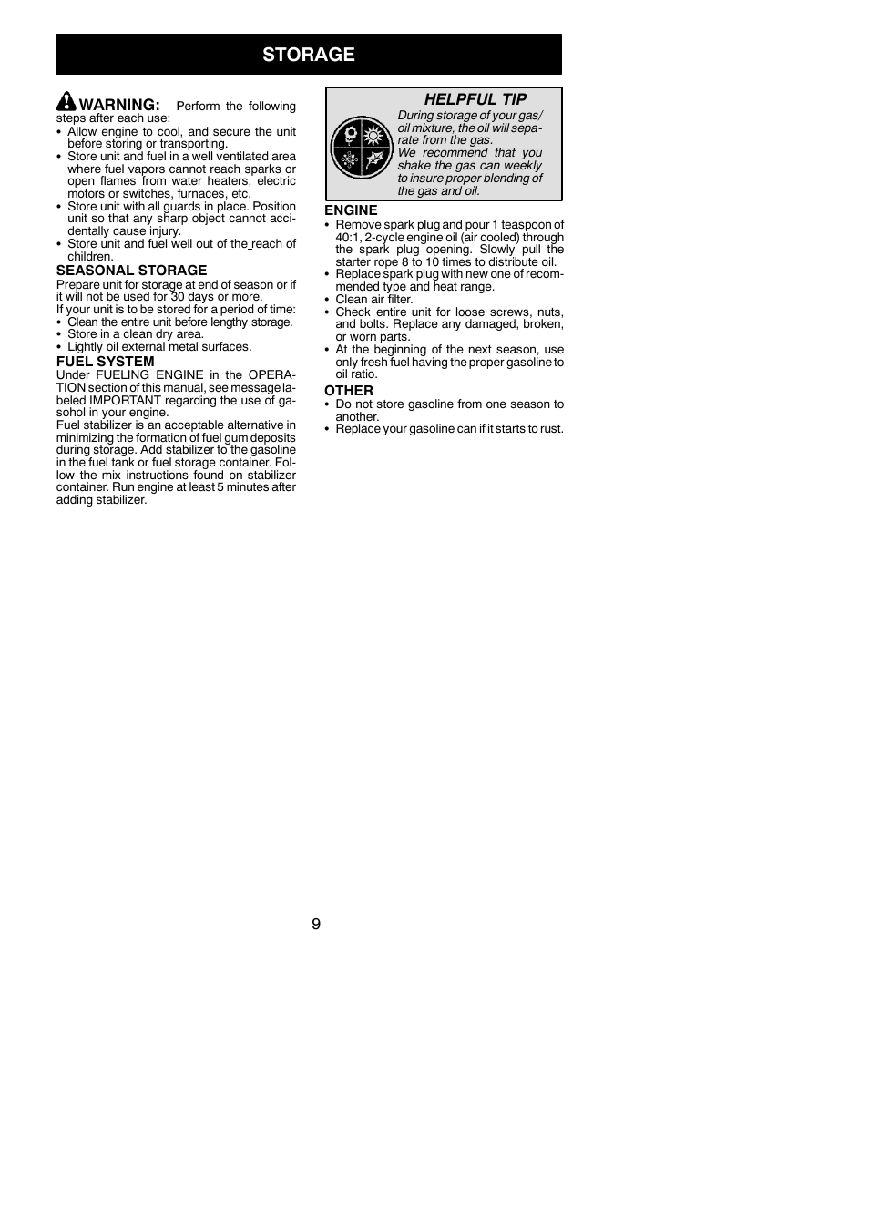 Storage, Warning, Helpful tip | Weed Eater 530163883 User Manual | Page 9 / 12