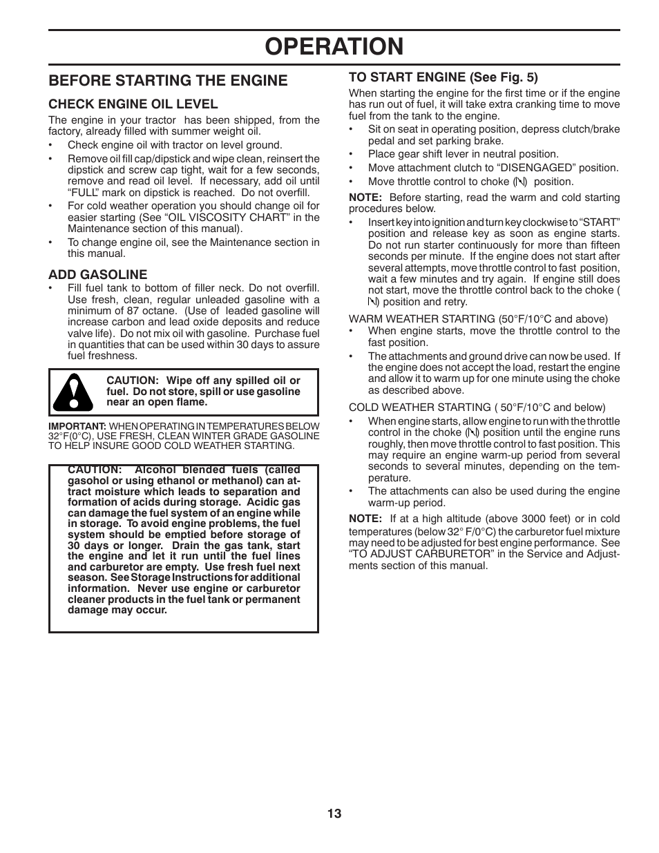 Operation, Before starting the engine | Weed Eater 435073 User Manual | Page 13 / 30