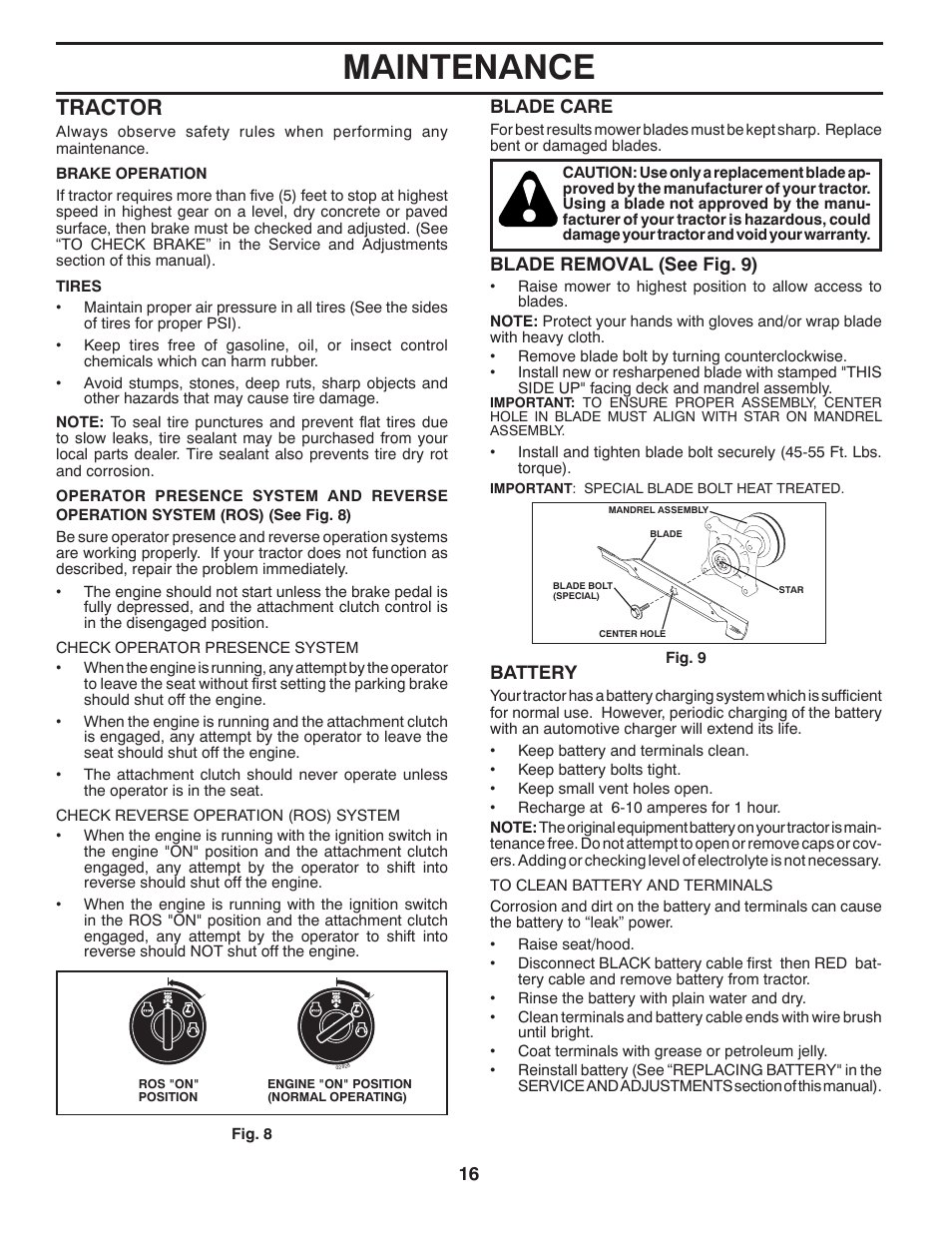 Maintenance, Tractor | Weed Eater 435073 User Manual | Page 16 / 30