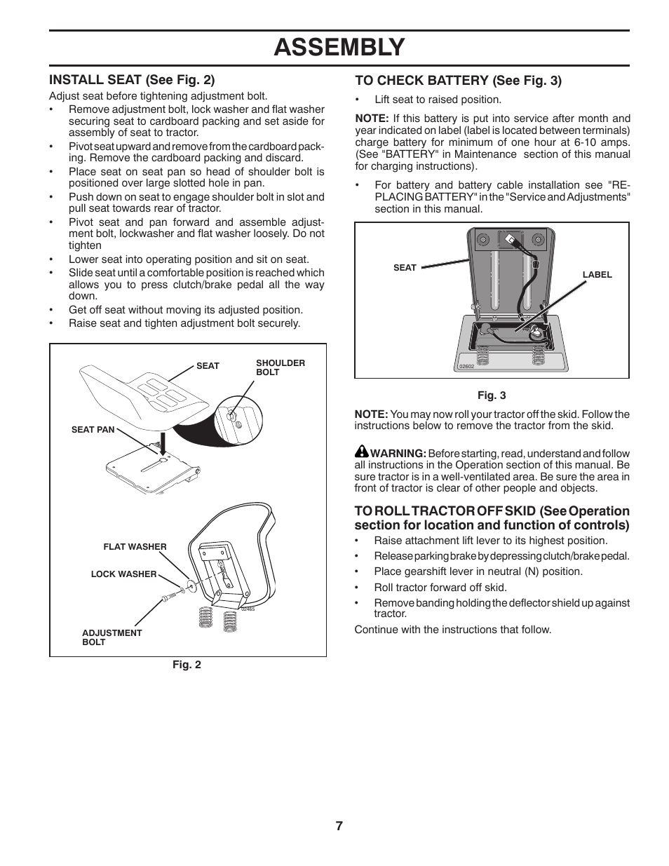 Assembly, Install seat (see fig. 2) | Weed Eater 435073 User Manual | Page 7 / 30