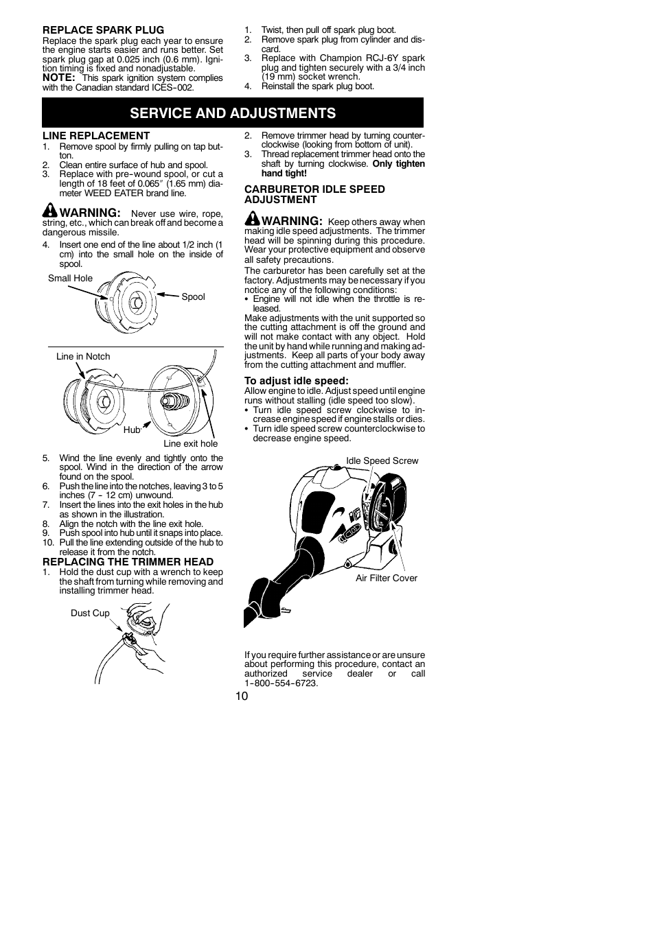 Service and adjustments, Warning | Weed Eater 952711929 User Manual | Page 10 / 14