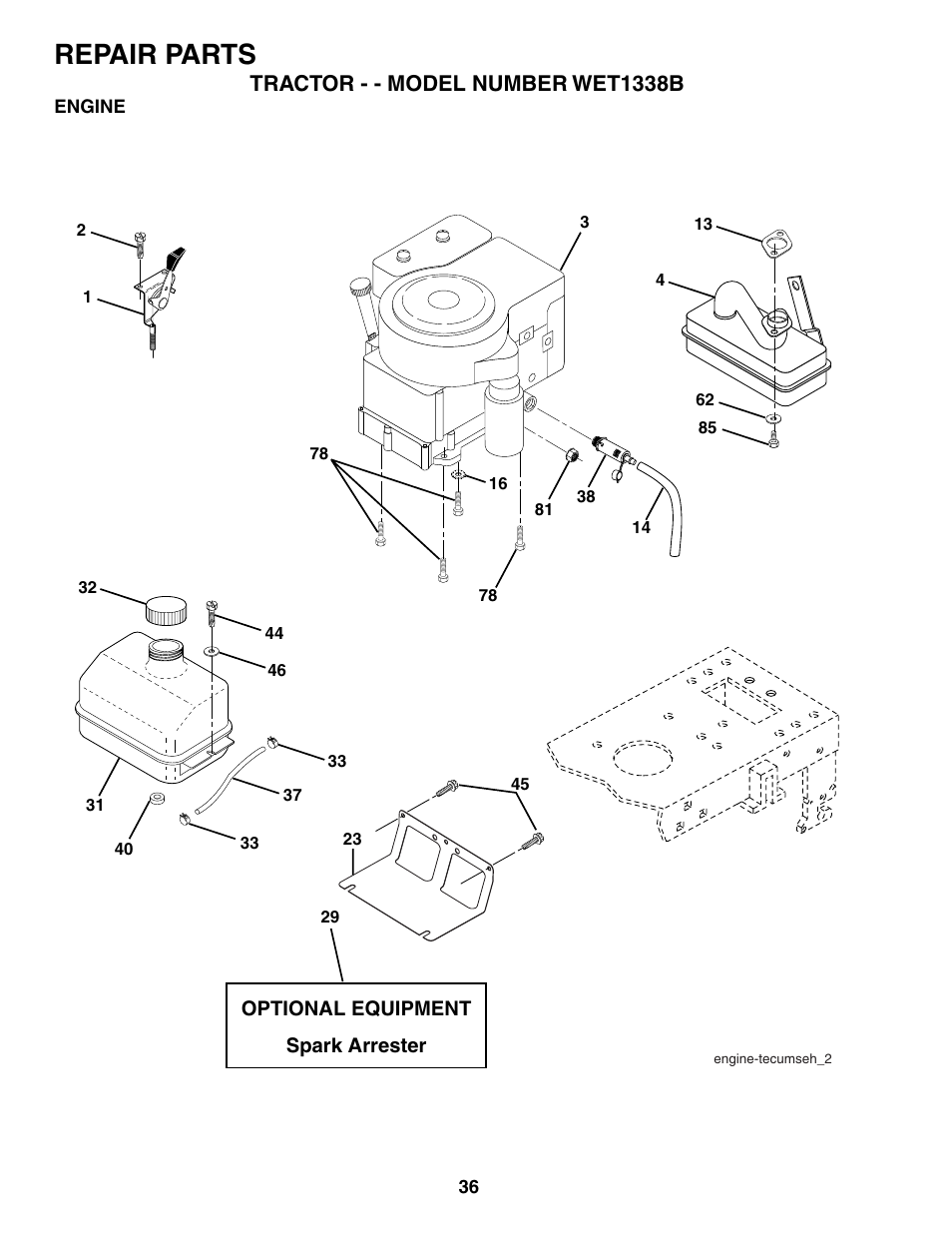 Repair parts, Tractor - - model number wet1338b | Weed Eater 187637 User Manual | Page 36 / 48