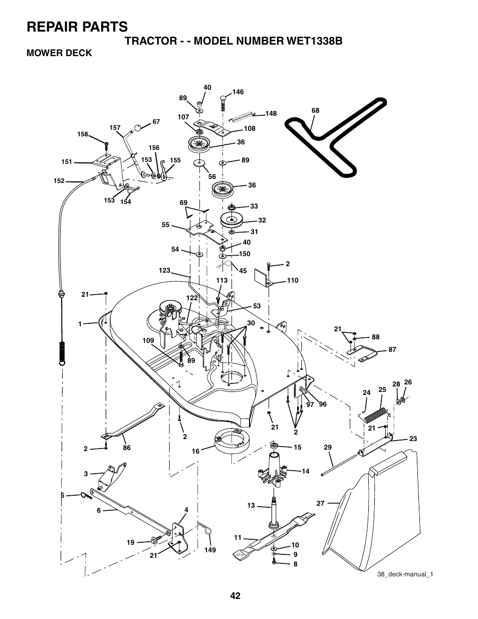 Repair parts, Tractor - - model number wet1338b, Mower deck | Weed Eater 187637 User Manual | Page 42 / 48