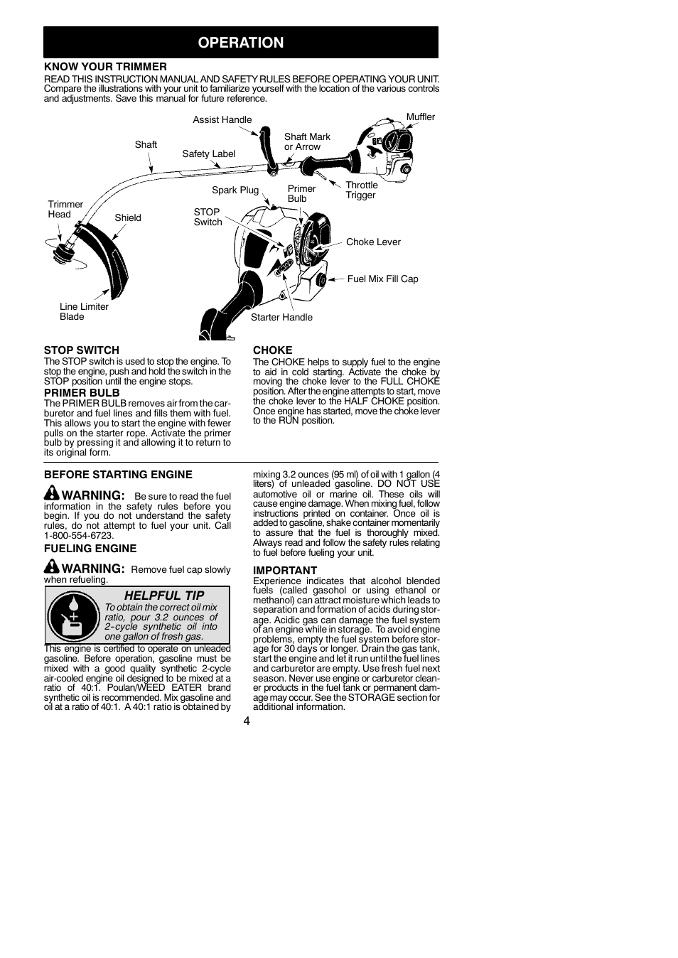 Operation, Warning, Helpful tip | Weed Eater 545137261 User Manual | Page 4 / 12