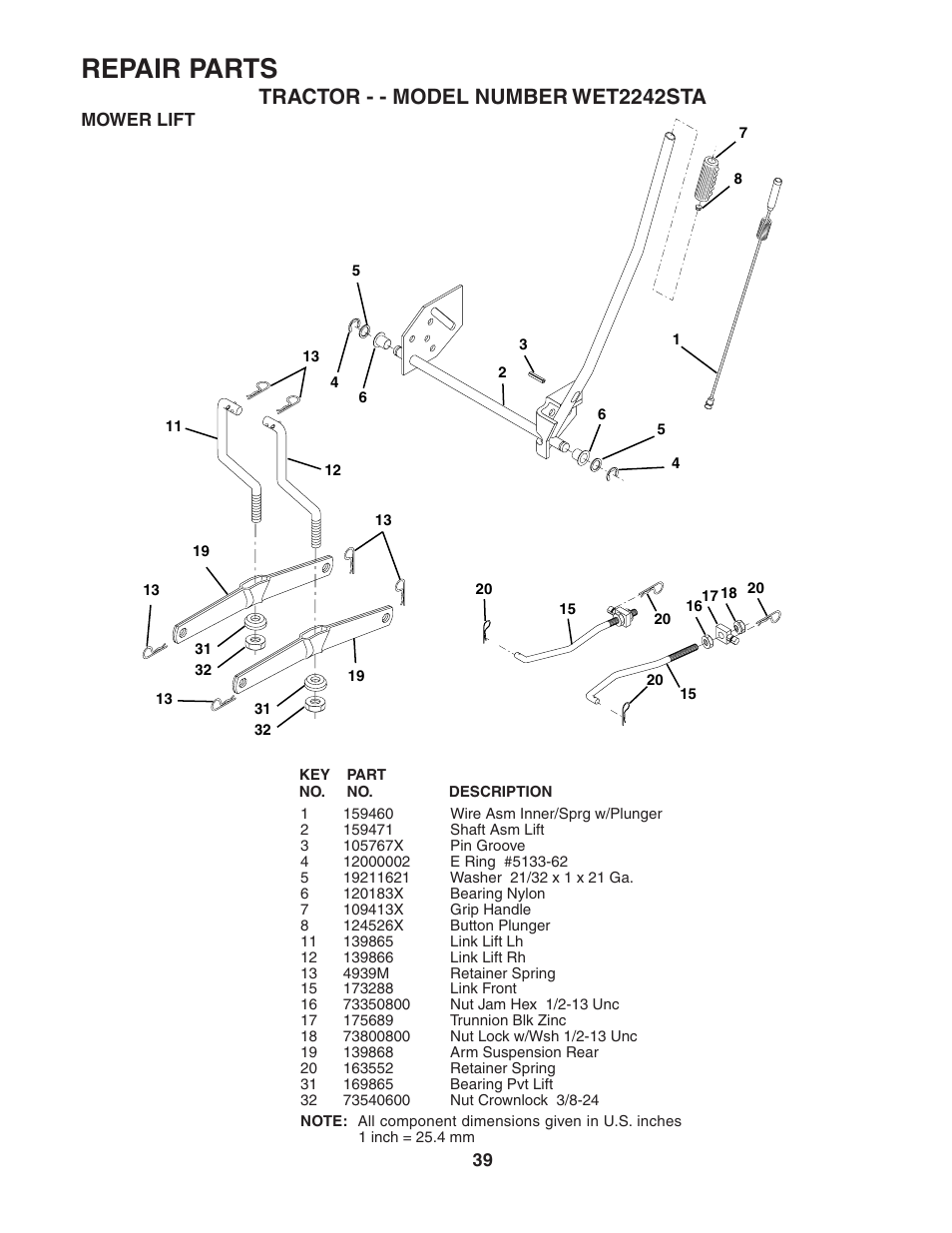 Repair parts, Tractor - - model number wet2242sta | Weed Eater 186832 User Manual | Page 39 / 44