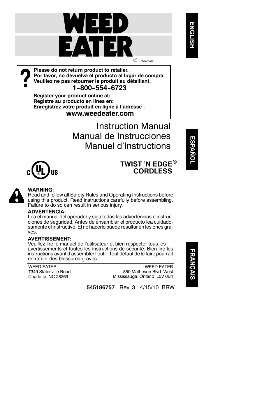 Weed Eater Twist 'N Edge 545186757 User Manual | 14 pages