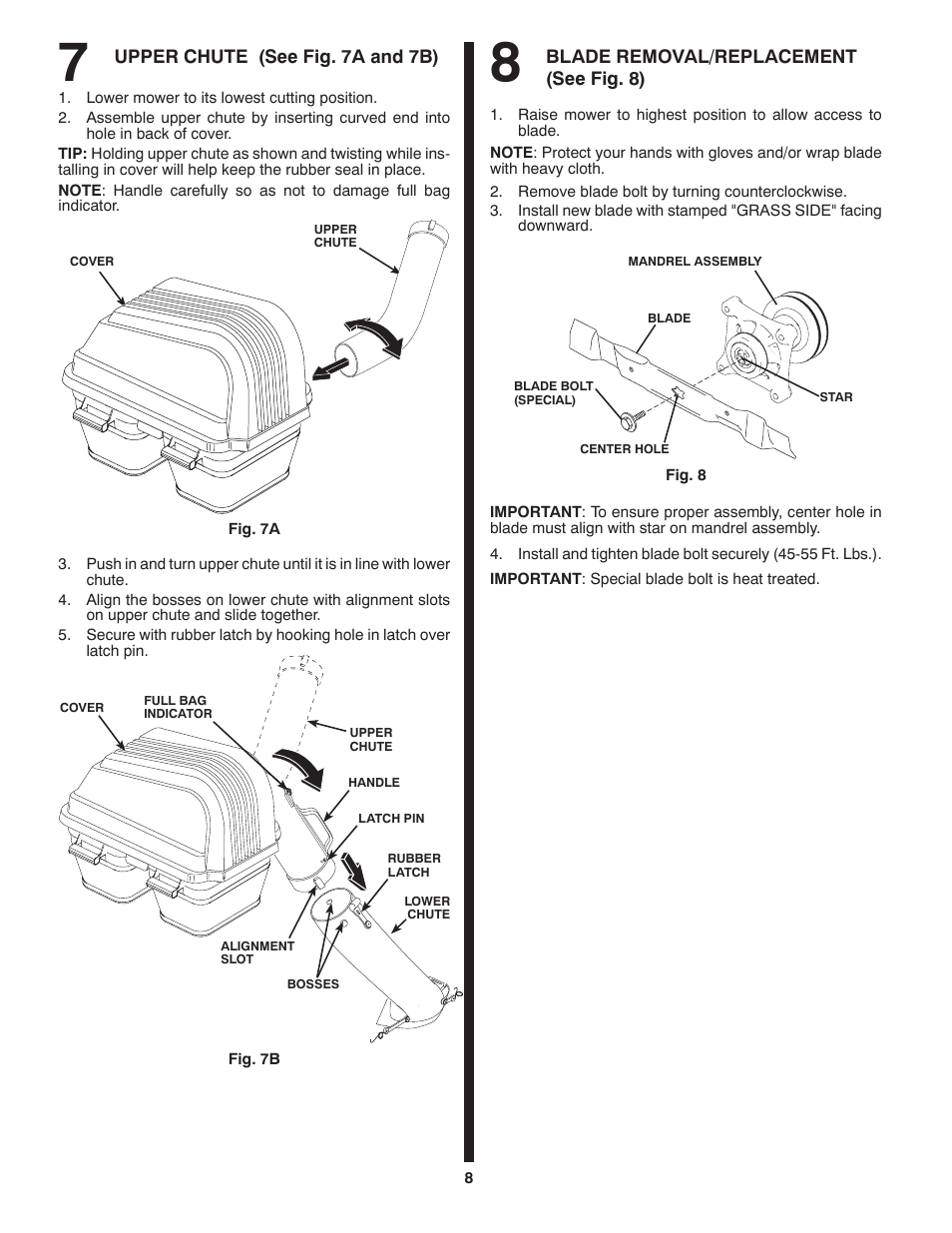 Upper chute (see fig. 7a and 7b), Blade removal/replacement (see fig. 8) | Weed Eater 532 43 46-60 User Manual | Page 8 / 12