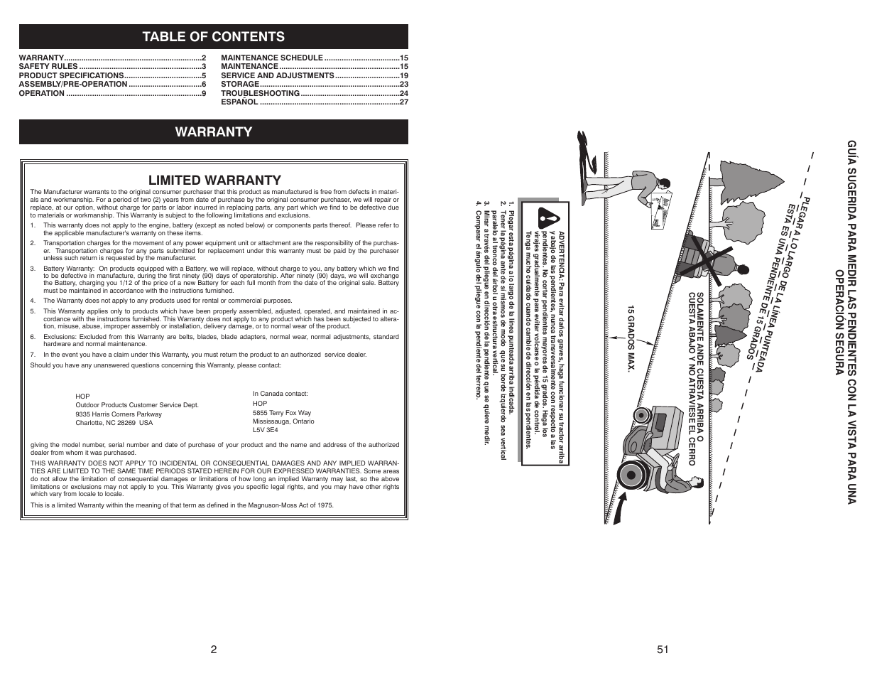 Limited warranty, Table of contents warranty | Weed Eater WELRV1 User Manual | Page 2 / 26