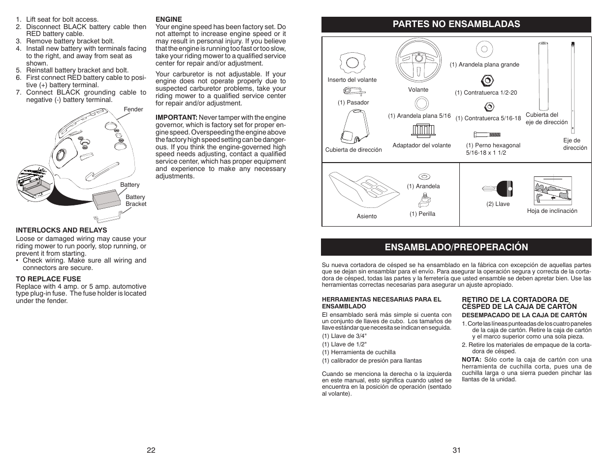 Partes no ensambladas, Ensamblado/preoperación | Weed Eater WELRV1 User Manual | Page 22 / 26