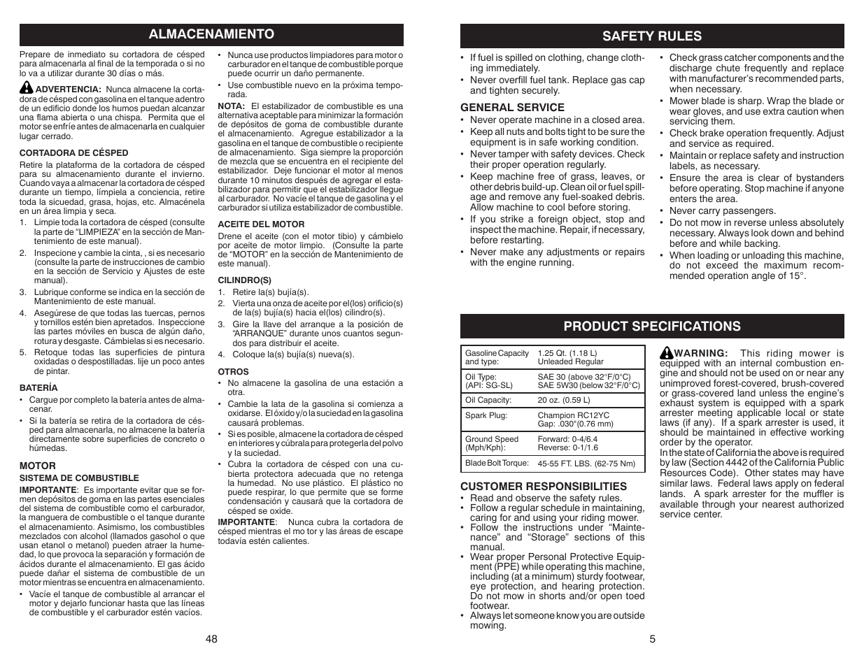 Almacenamiento, Product specifications, Safety rules | Weed Eater WELRV1 User Manual | Page 5 / 26