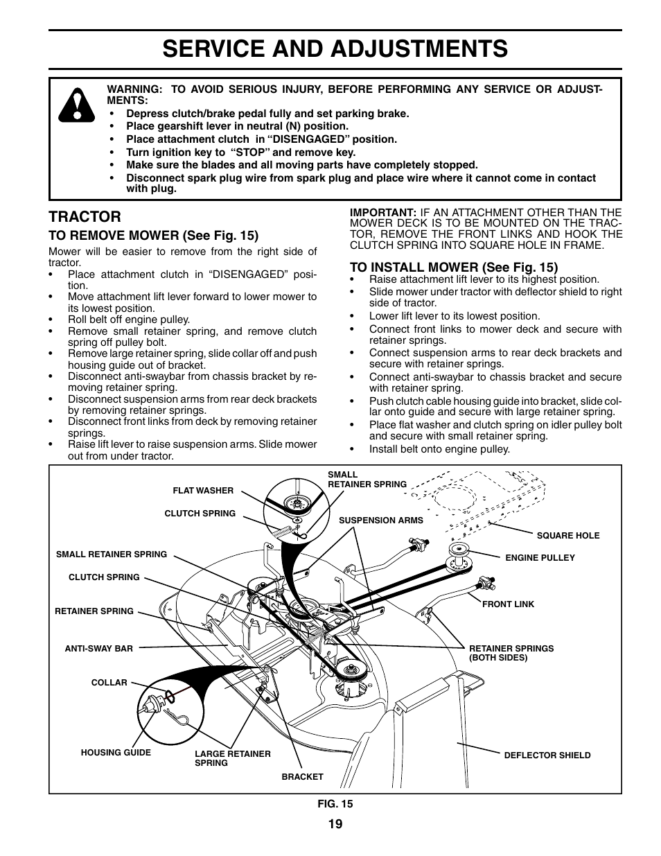 Service and adjustments, Tractor | Weed Eater 186391 User Manual | Page 19 / 48