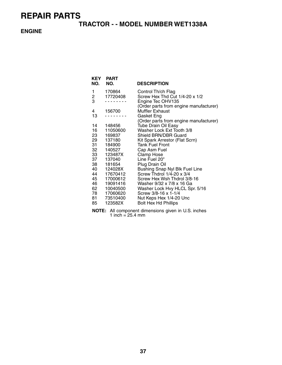 Repair parts, Tractor - - model number wet1338a | Weed Eater 186391 User Manual | Page 37 / 48