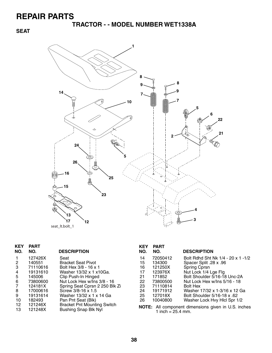 Repair parts, Tractor - - model number wet1338a | Weed Eater 186391 User Manual | Page 38 / 48
