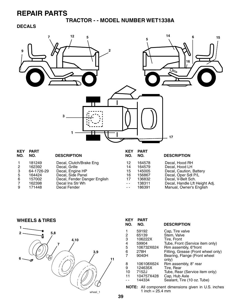 Repair parts, Tractor - - model number wet1338a | Weed Eater 186391 User Manual | Page 39 / 48