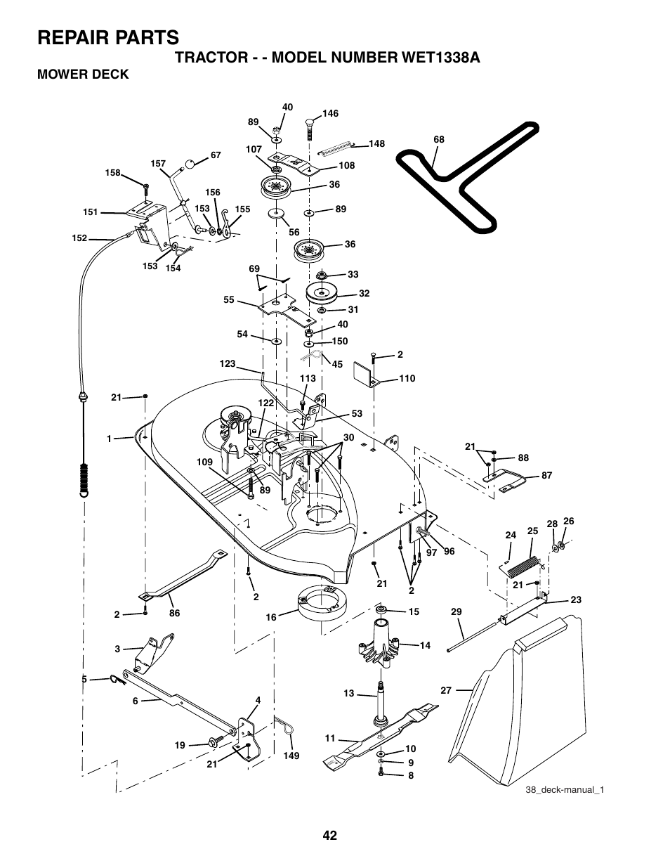 Repair parts, Tractor - - model number wet1338a, Mower deck | Weed Eater 186391 User Manual | Page 42 / 48