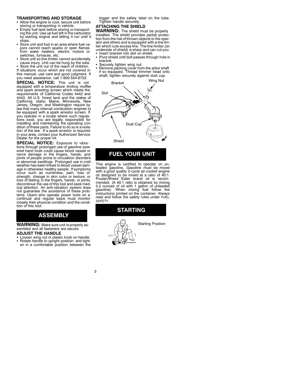 Assembly, Fuel your unit, Starting | Weed Eater 530087729 User Manual | Page 3 / 6
