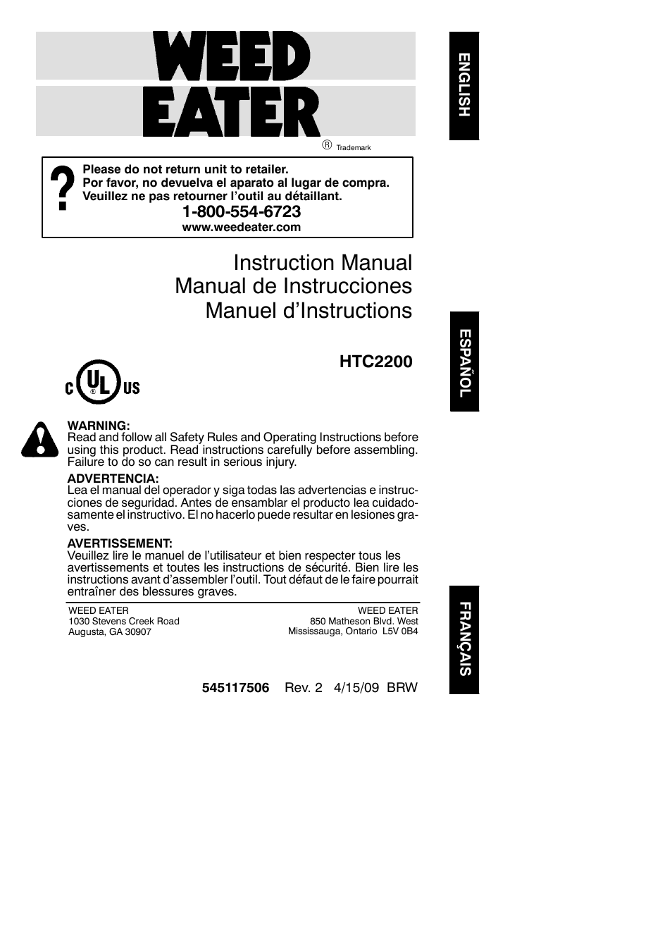 Weed Eater HTC2200 User Manual | 10 pages