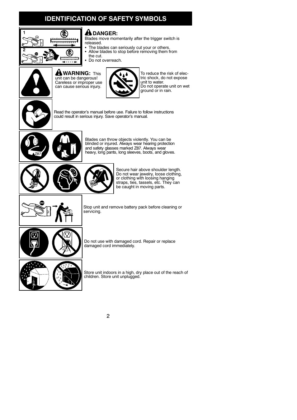 Identification of safety symbols, Warning, Danger | Weed Eater HTC2200 User Manual | Page 2 / 10