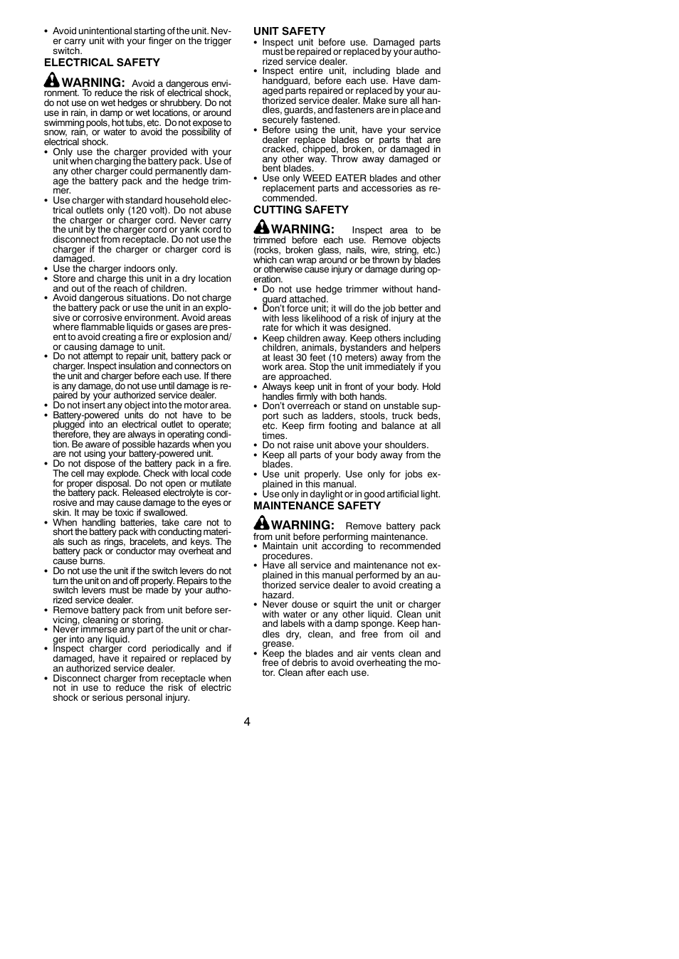 Warning | Weed Eater HTC2200 User Manual | Page 4 / 10