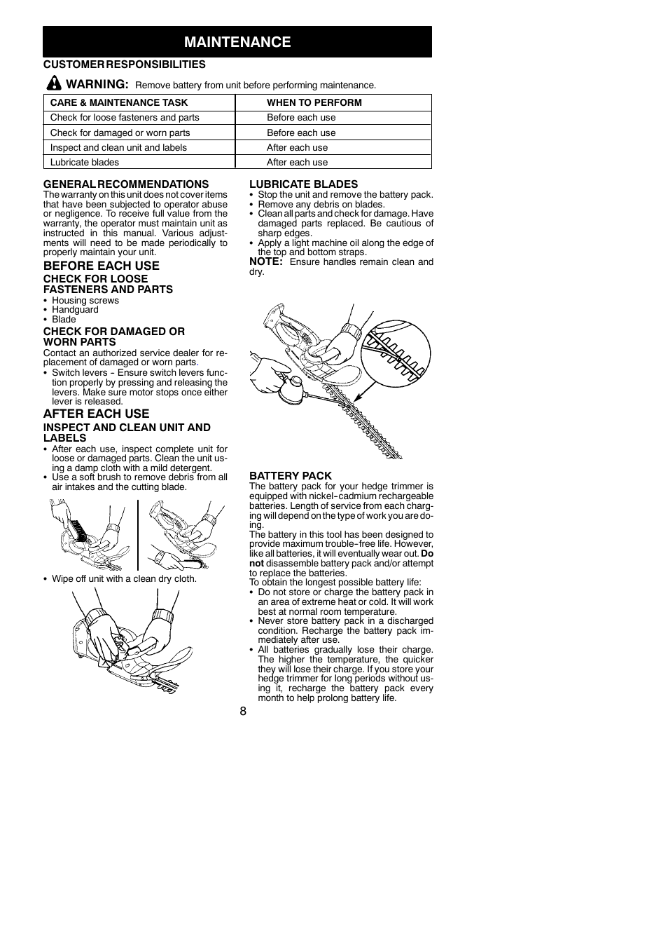 Maintenance, Warning, Before each use | After each use | Weed Eater HTC2200 User Manual | Page 8 / 10