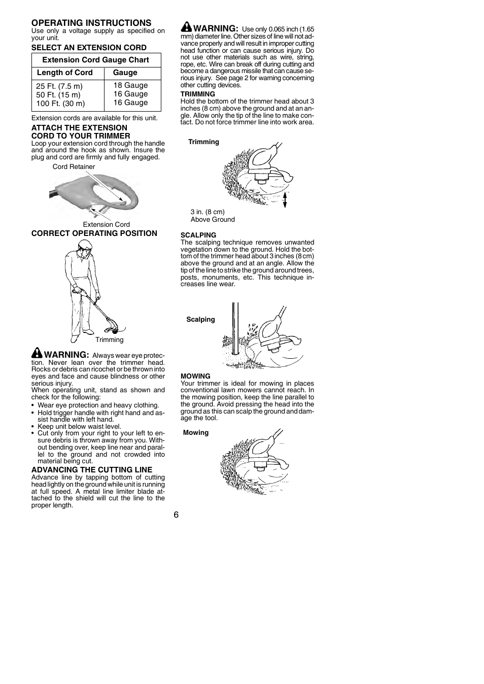 6operating instructions, Warning | Weed Eater 966047801 User Manual | Page 6 / 9