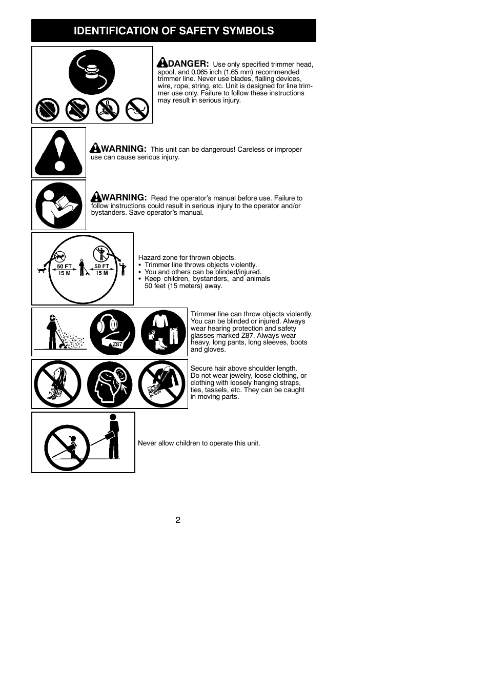 Identification of safety symbols | Weed Eater 952711938 User Manual | Page 2 / 14