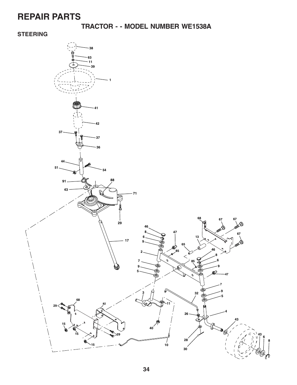 Repair parts, Tractor - - model number we1538a, Steering | Weed Eater WE1538A User Manual | Page 34 / 48
