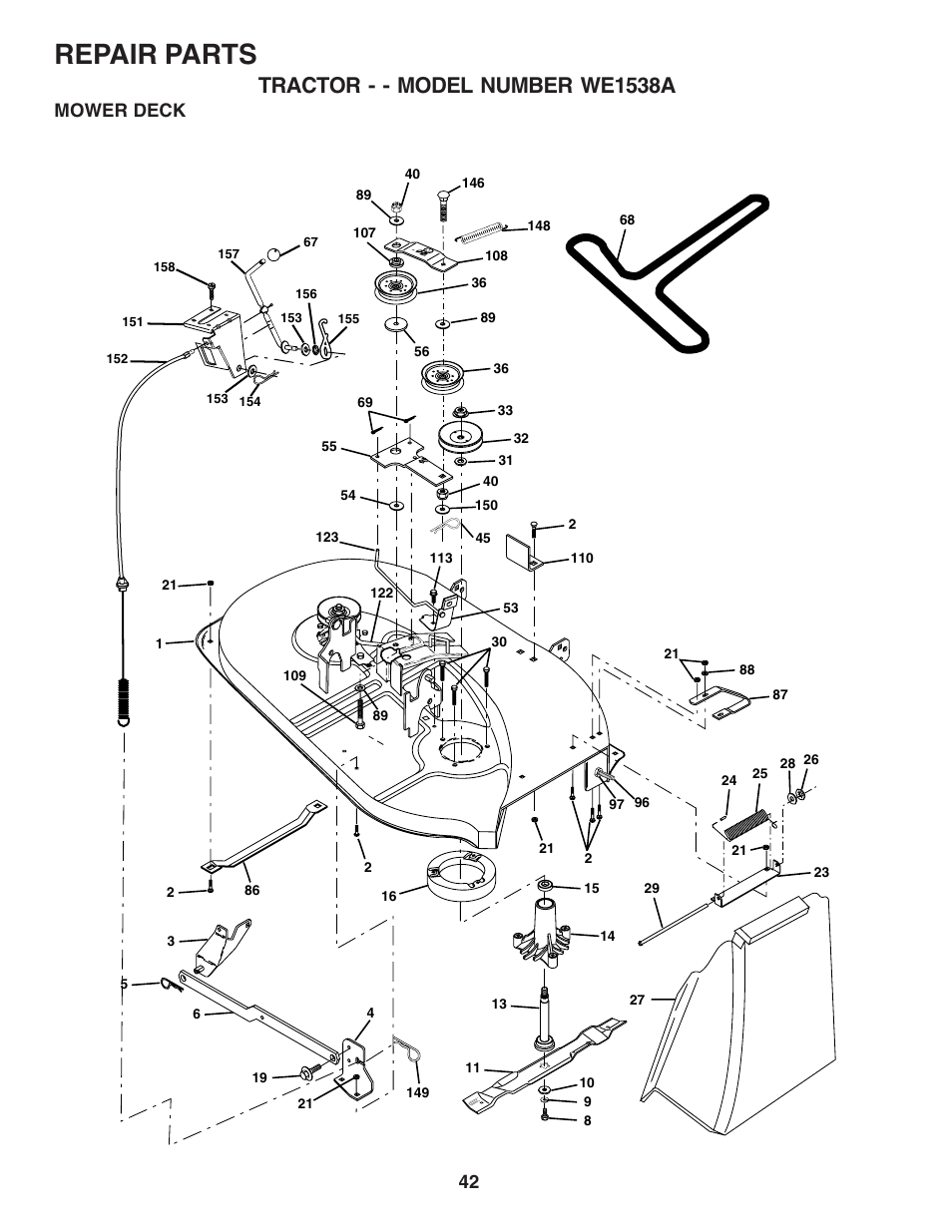 Repair parts, Tractor - - model number we1538a, Mower deck | Weed Eater WE1538A User Manual | Page 42 / 48