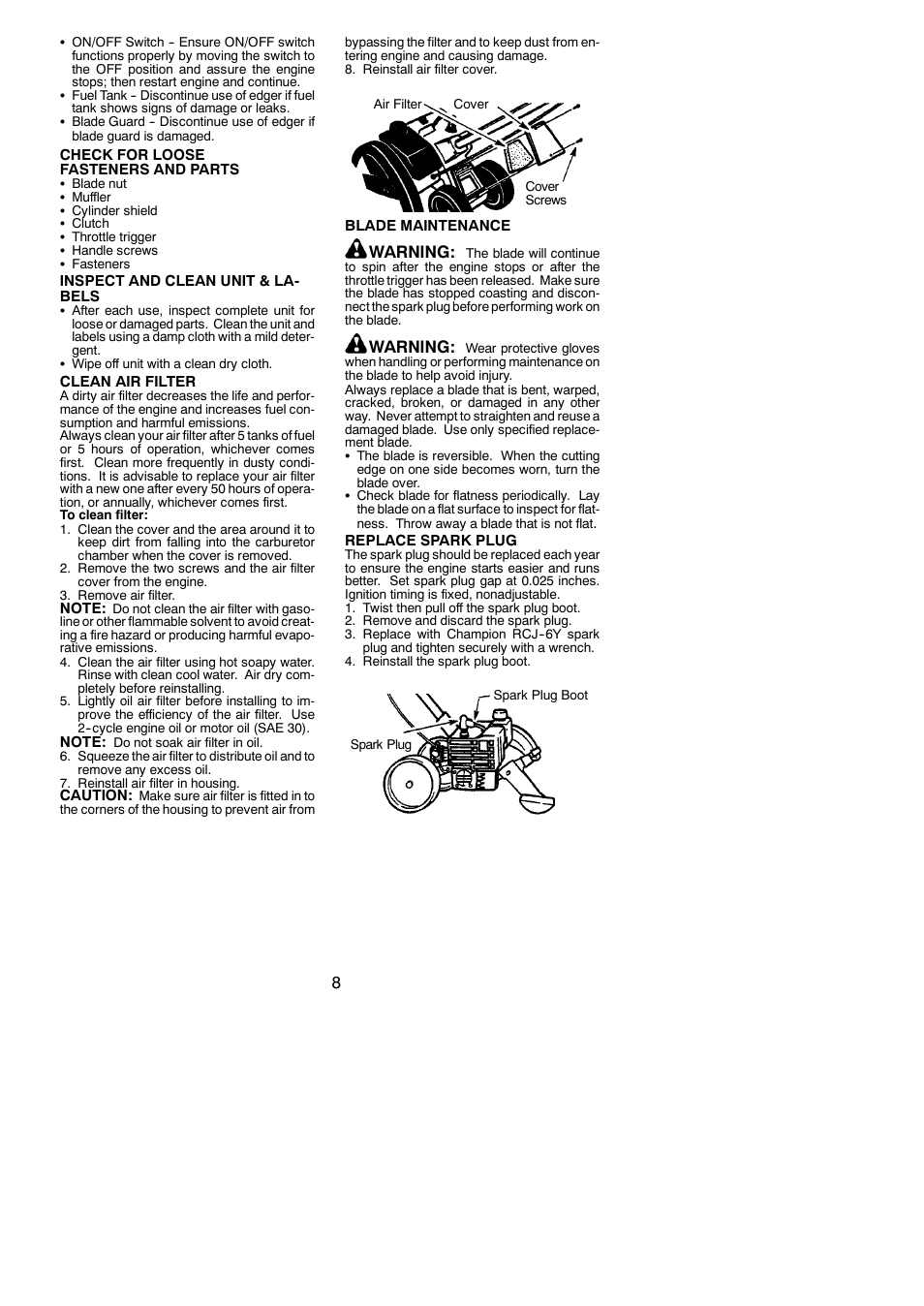 Warning | Weed Eater 545117552 User Manual | Page 8 / 13