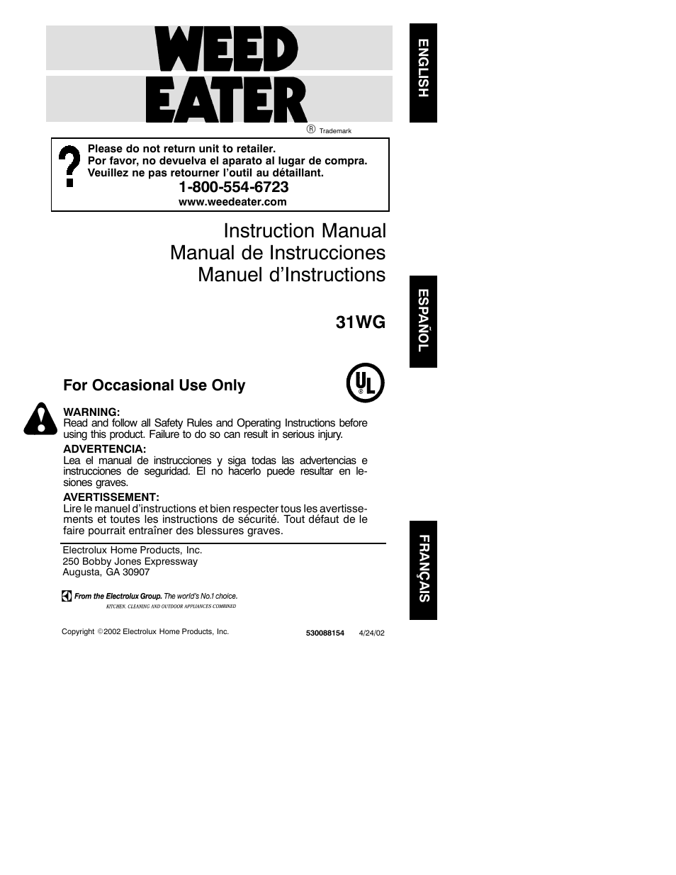 Weed Eater 530088154 User Manual | 16 pages