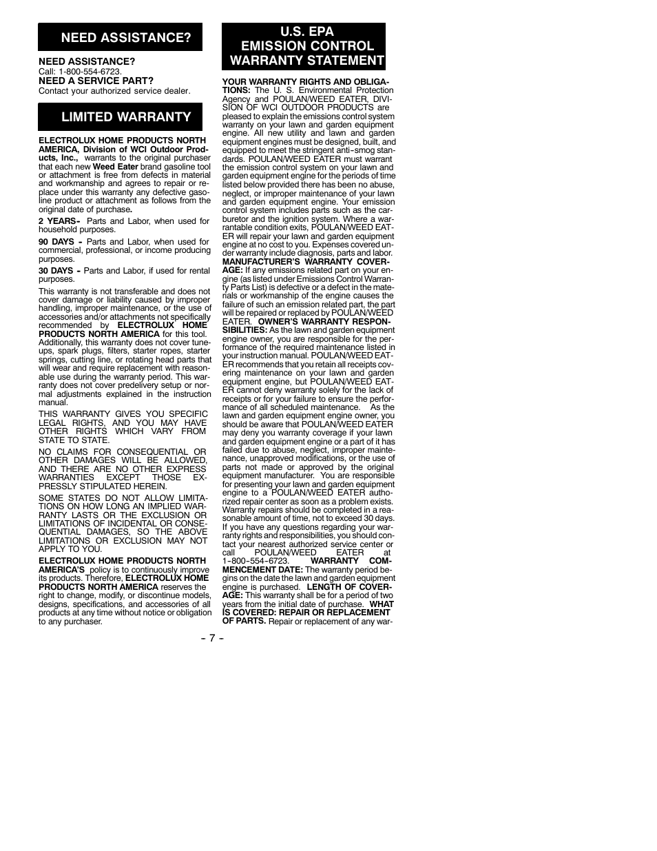 Need assistance, Limited warranty, U.s. epa emission control warranty statement | Weed Eater 530087688 User Manual | Page 7 / 8