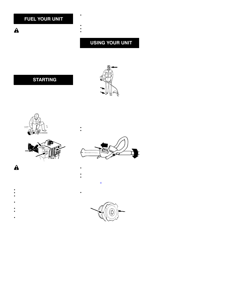 Fuel your unit, Starting, Using your unit | Weed Eater TWIST-N-EDGE 530088738 User Manual | Page 4 / 7