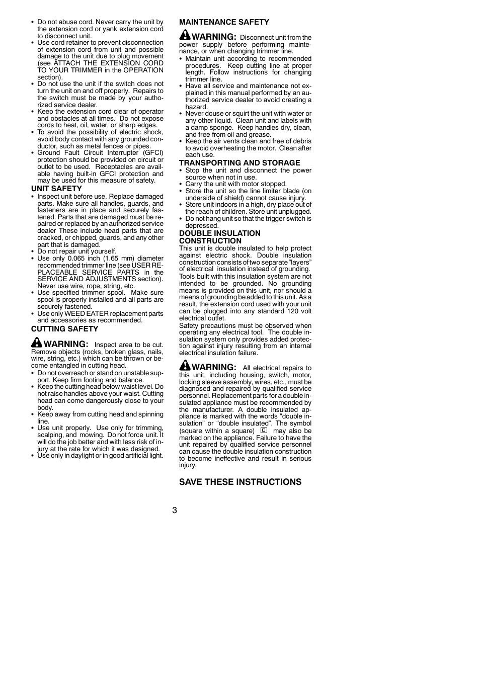 Warning, Save these instructions | Weed Eater 952711865 User Manual | Page 3 / 9